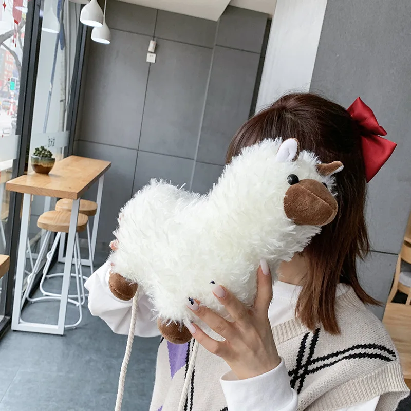 

Women Alpaca Bag Cartoon Plush Bags Female Cute Ins Soft One Shoulder Student Lamb Messenger Bag Girl Daily Casual