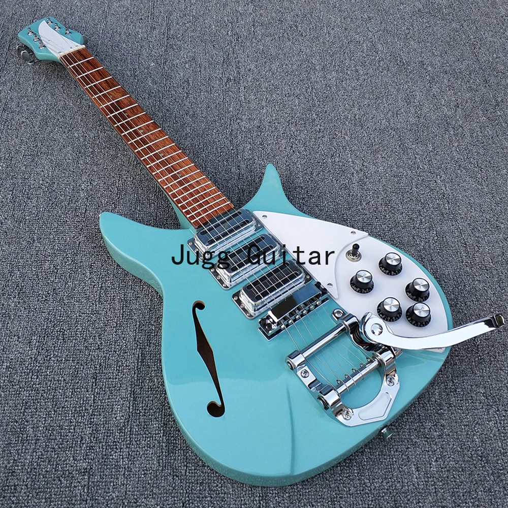 

John 325 Short Scale 527 MM Semi Hollow Light Green Electric Guitar 3 Pickups, Single F Hole, Lacquer Fingerboard