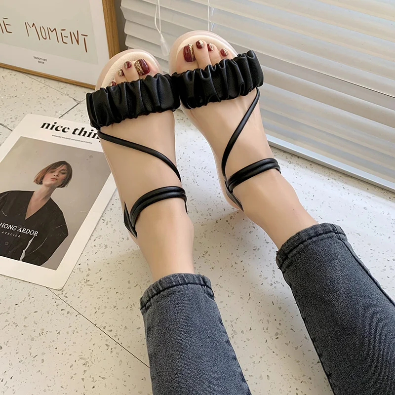 

Low Sandals Woman Leather Female Shoe Soft 2021 Summer Clear Heels Low-heeled Girls Comfort Beach New Beige Gladiator Solid Plea