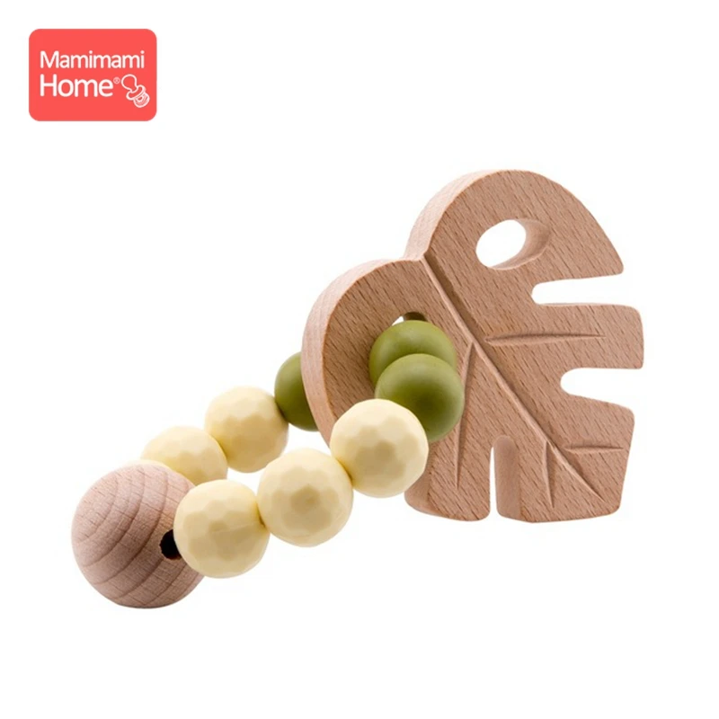 Green Teether Ring Деревянные браслеты деревянный жевательный Прорезыватель крючком бусины Woo Baby Gym погремушка игрушки в форме птицы силиконовые бусины ручной работы поделки - Цвет: Green Teether Ring