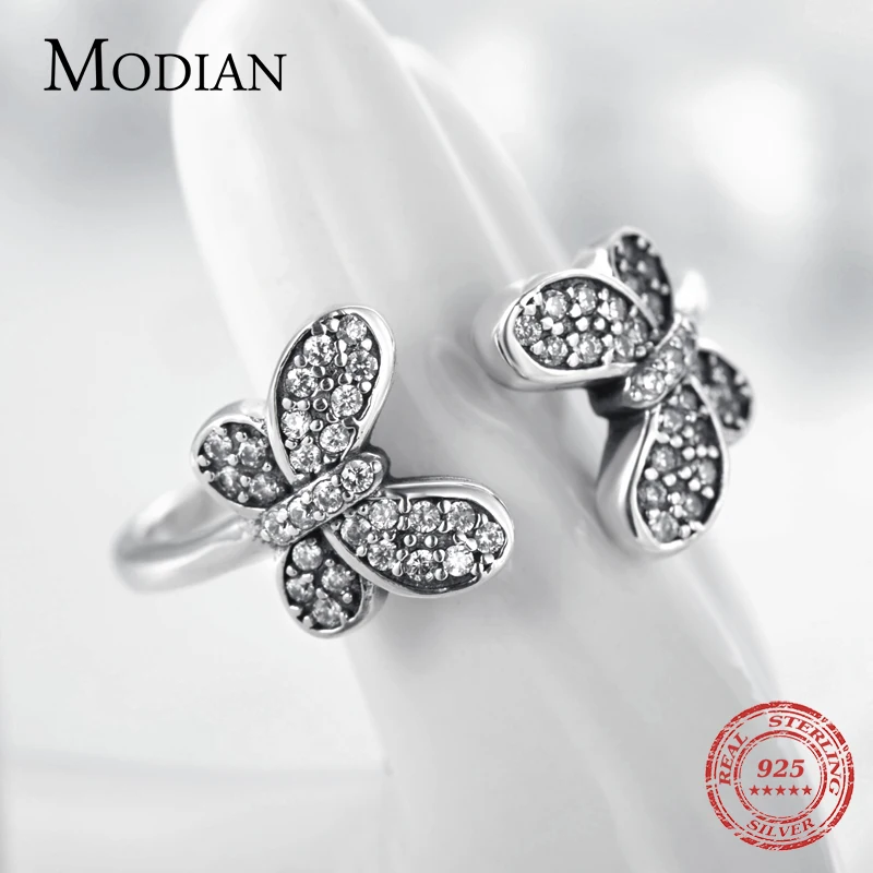 

Modian Exquisite Dazzling Crystal Ring 100% 925 Sterling Silver Vintage Butterfly Adjustable Trendy Rings For Women Fine Jewelry