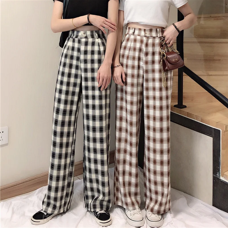 

Spring Summer Plaid Wide-leg Pants for Women Female Check Printed Loose Casual Long Trousers