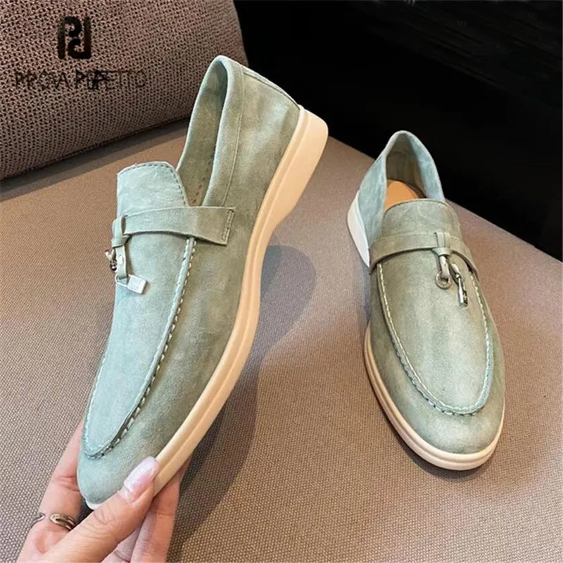 

Prova Perfetto Solid Color Suede Women Loafers Fashion Metal Decoration Fringe Flat Shoes Sewing Slip-on Shallow Sandale Femme