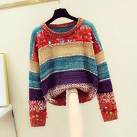 lyfzous multicolor stitching stripes sweater women autumn winter sequins o neck long sleeve knit pullovers pull femme knitwear