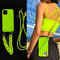 12 pro case neon green glossy chain strap fluorescent lanyard silicone case for iphone 13 12 pro max xr x xs 8 plus 7 se 2020
