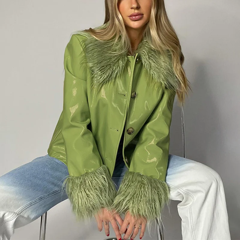 

Женская укороченная куртка из искусственной кожи, однобортная Повседневная куртка с длинным рукавом и мехом, Осень-зима 2021