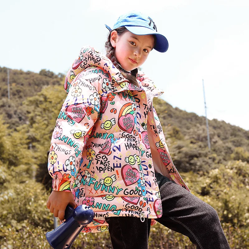 

Girls Coats Winter 80% Duck Down Cartoon Print Hooded Zipper Jackets 2021 New 4 5 6 8 10 12 years old