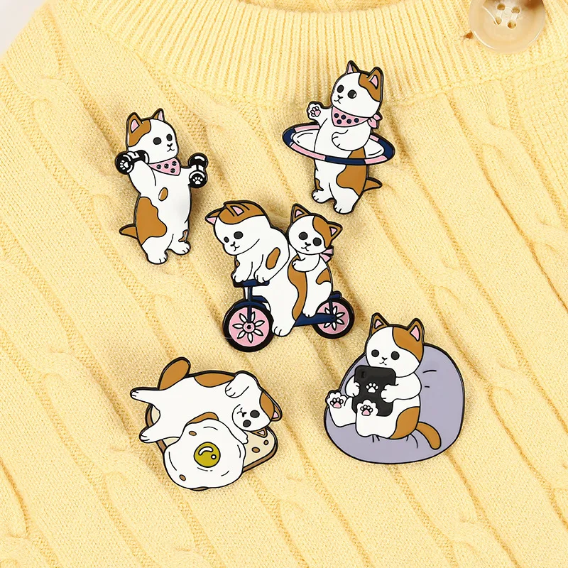 

Excise Cats Enamel Pin Custom Cat Egg Bike Dumbbells Sports Brooches Bag Lapel Pin Cartoon Badge Jewelry for Kids Friends
