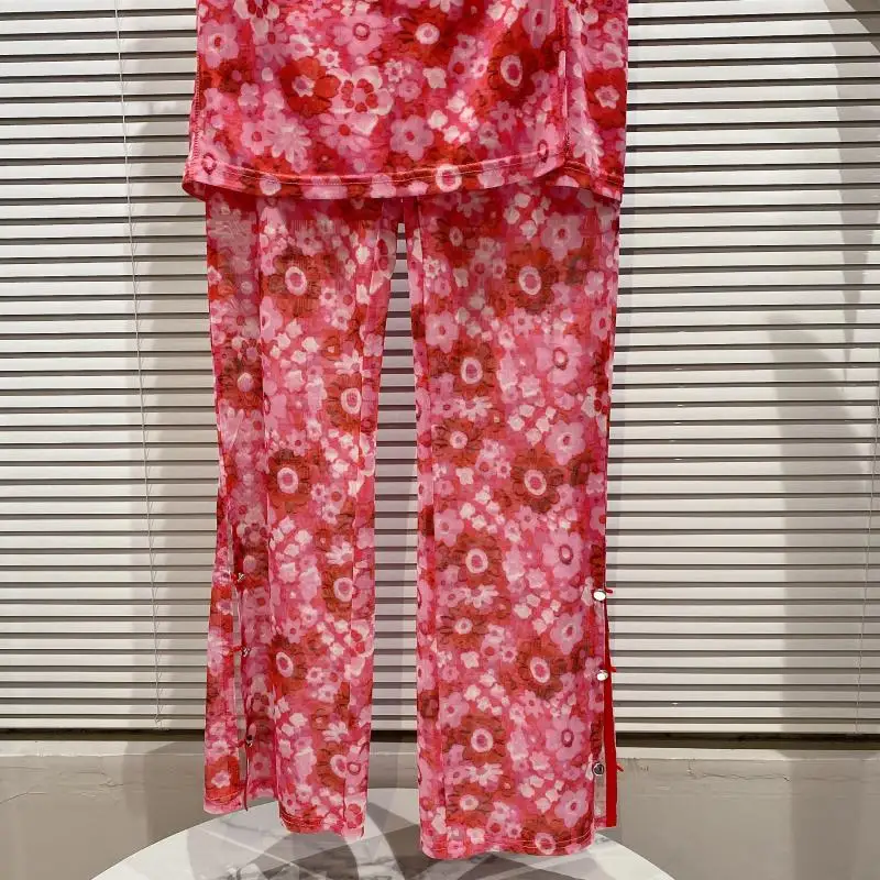 

2021 Summer New Fashion Flower Printed Mesh Elastic Hip Skirt+Slim Fit Elasticated Waist Casual Pants Temperament Two Piece Set