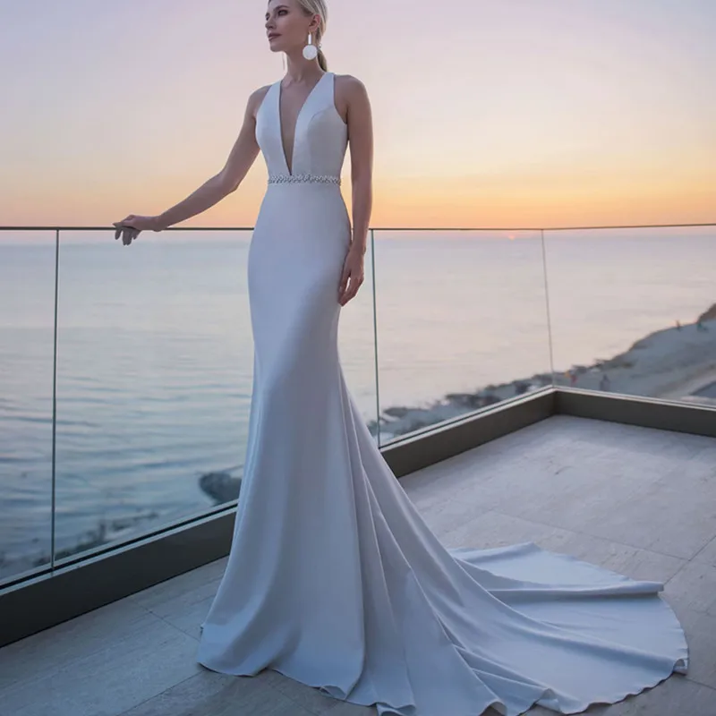 

Sexy Deep V-Neck Mermaid Wedding Dress Beach Criss-Cross Sashes Sleeveless Sweep Train Wedding Party Hot Sale Vestido De Noiva
