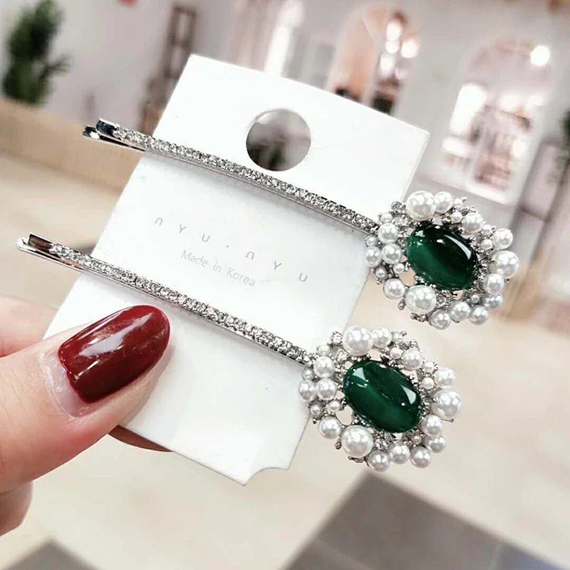 Hot Elegant Luxury Hair Clips Green Stone Rhinestone Hairclips for Women Vintage Pearl Barrettes Girls Headwear Accessories | Украшения и