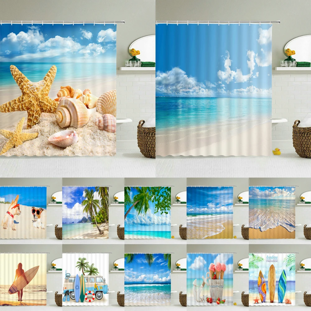 

3d Beach Scenery Shower Curtains Sea Ocean Mediterranean Bathroom Curtain Waterproof Cloth Decoration 180*240cm Bath Curtain