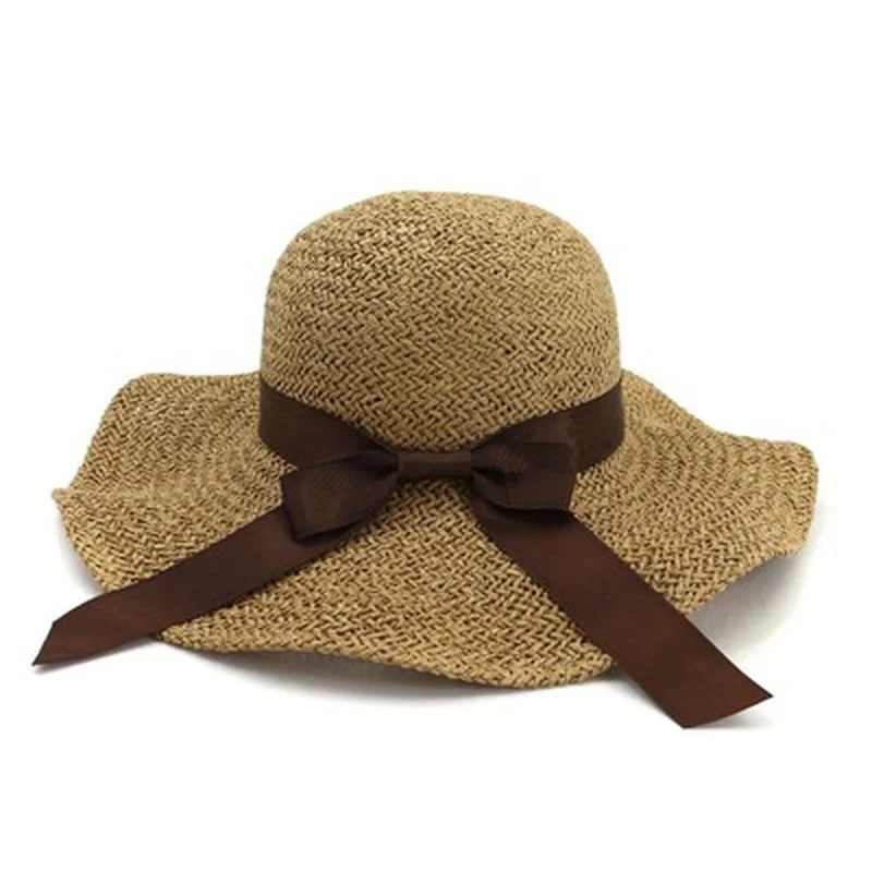 

women summer hats handmade straw ribbon bowknot big brim 11cm straw hats round top sun protection foldable casual beach sun hats