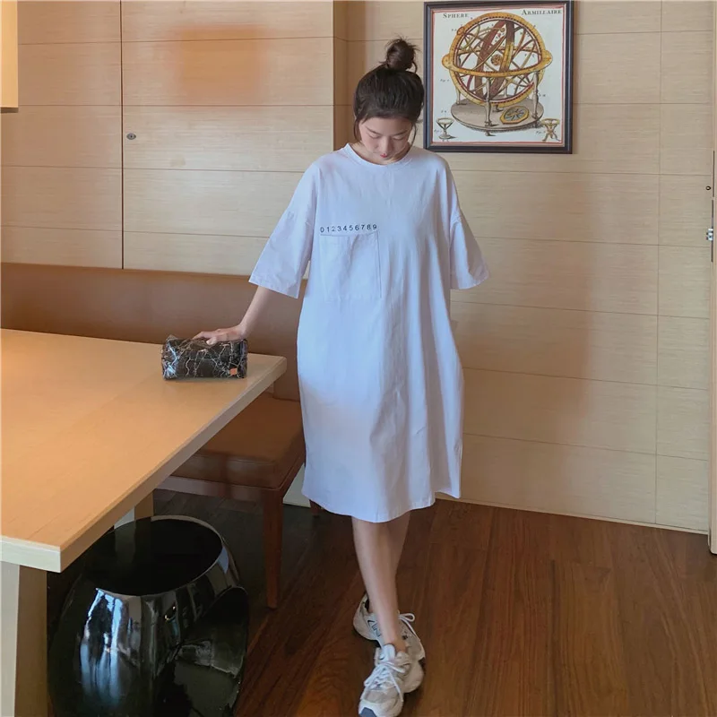 

Pocket Cotton Dress Female New Style 2021 Summer Loose Short-Sleeved Solid Color T-Shirt Dress Women Korean Mid-Length Dresses