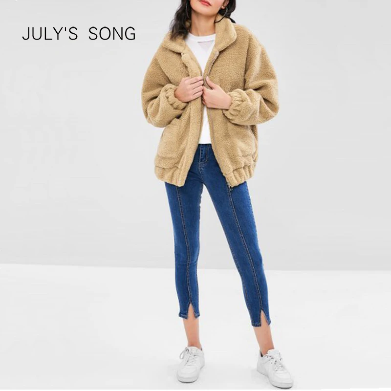 JULY'S SONG осеннее пальто из искусственного меха для женщин зимнее теплое мягкое на молнии женское плюшевое пальто повседневное женское зимнее пальто
