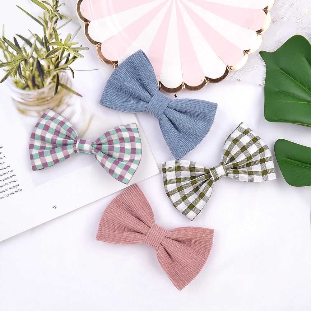 

4 Inches Corduroy Plaid Solid Hair Bows Sweet Hair Clip For Kids Girls Boutique Hairgrips Handmade Barrettes Hair Accessories