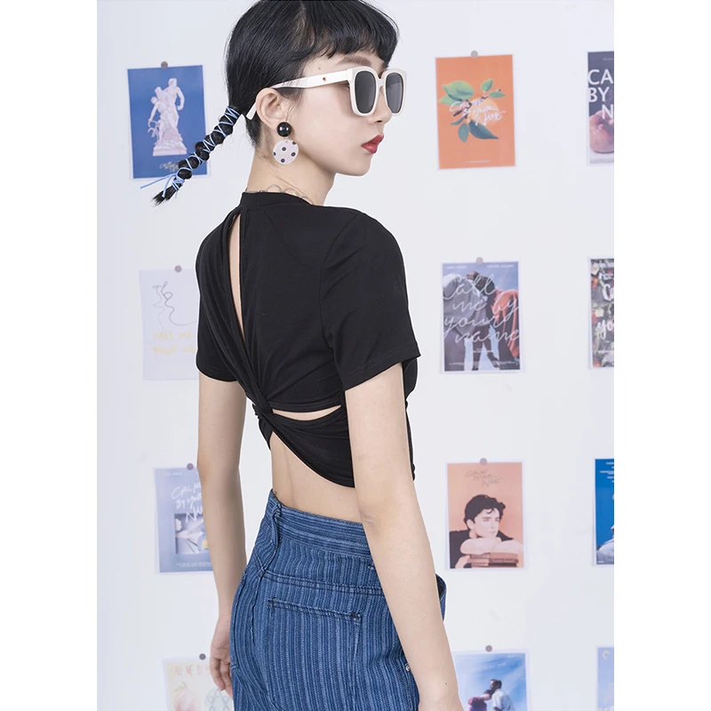 

Summer Ladies Fashion Personality New Tops Round Neck Sexy Hollow Open Back Slim Short T-shirt Slim All-match Hot Girl Style