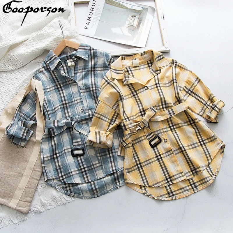 Autumn Long Sleeve Shrit Little Girls Plaid Blouse Spring Fashion Tops with Waistband Toddler Girl Costume Cute Outfits | Мать и ребенок