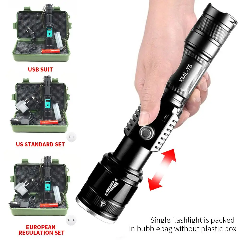 

Telescopic Torch Black Hand Light Powerful Zoom Flashlight LED Flashlight 10W 18650 USB Rechargeable Hiking Phone Charger