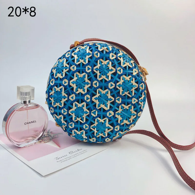 BT903blue Круглая женская летняя пляжная соломенная сумка ручной работы, тканая маленькая ротанговая круглая сумка через плечо, Богемская Сумочка, Женская Новая мода - Цвет: BT903blue