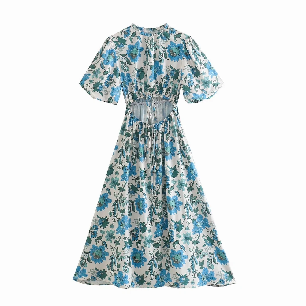 

Women Midi Dress Floral Prints Short Sleeve Hollow Out Waist O-Neck Summer 2022 New Fashion Female Casual Vestido