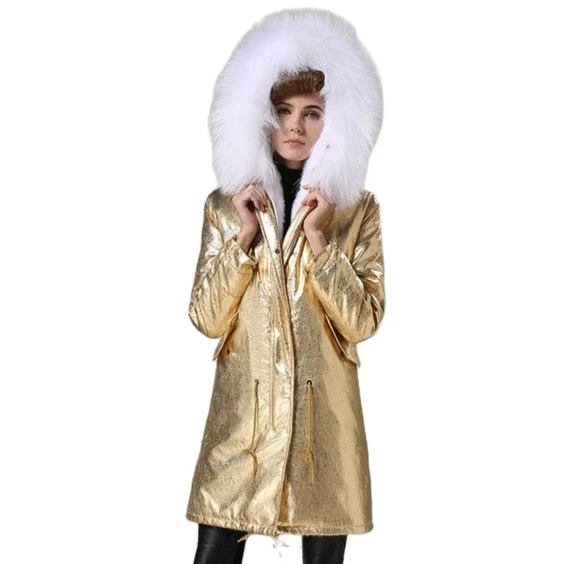 Новинка 2017 Роскошная золотая парка длинная стильная женская зимняя белая