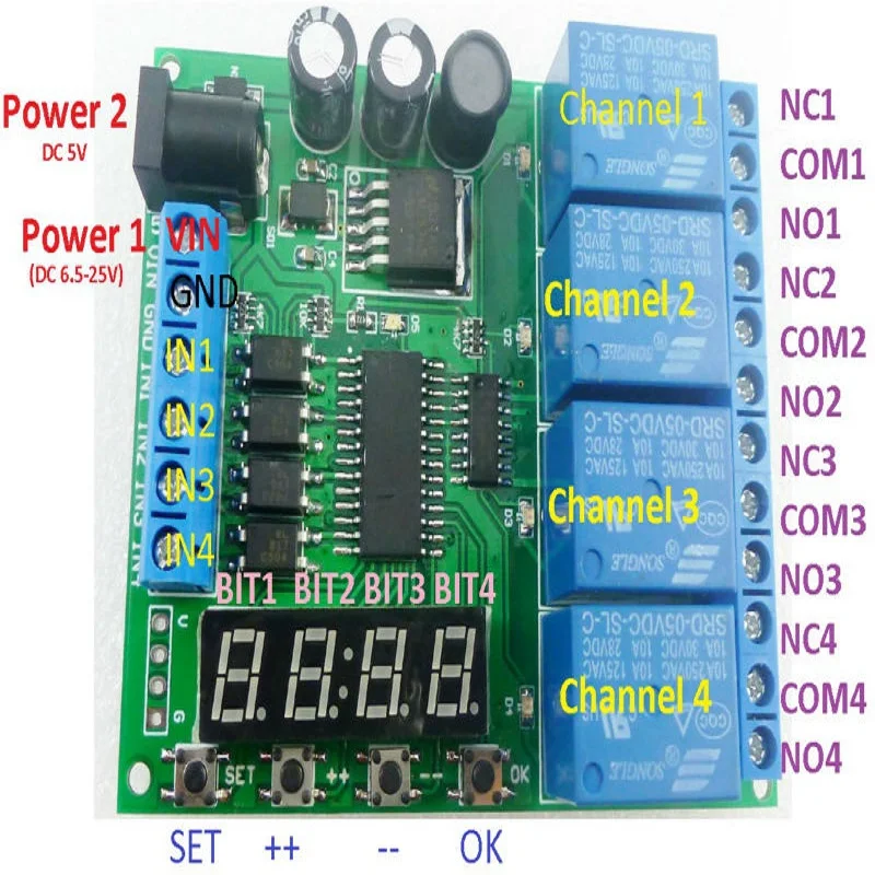 DC5V-24V 4CH Multifunction Cycle Delay Timer  Relay Module For Timing Loop Interlock Self-locking Momentary Bistable Monostable
