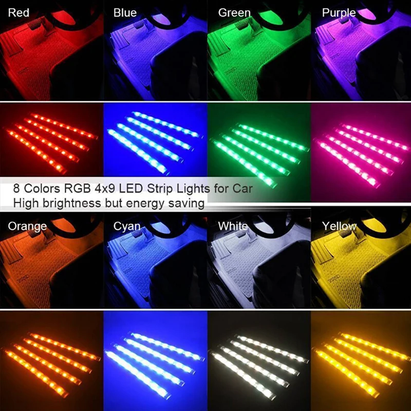 

4x 9LED RGB интерьер автомобиля атмосферу ног полосы светильник USB Зарядное устройство Декор Светильник