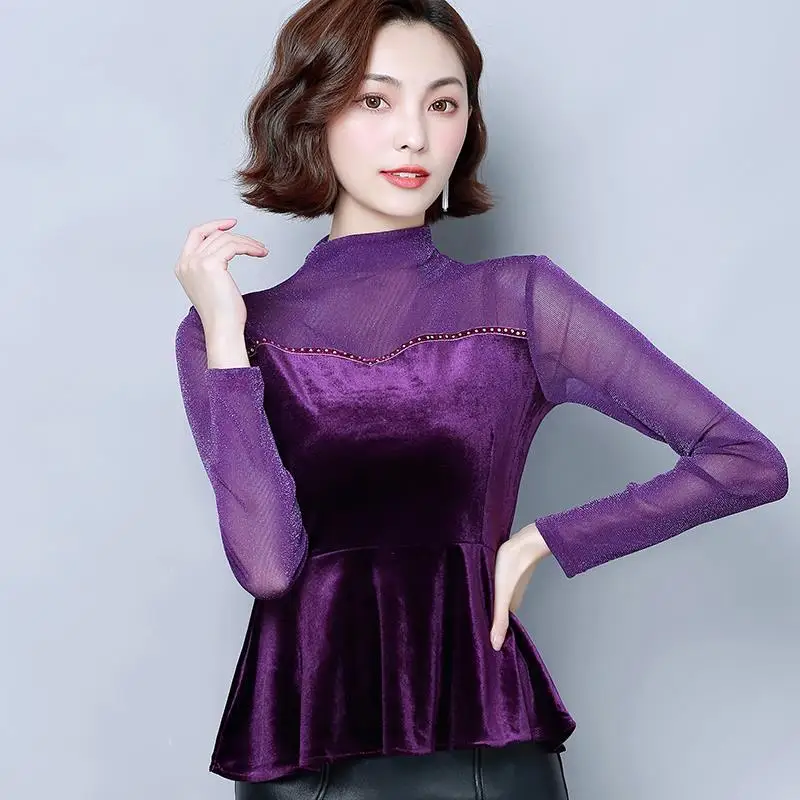 

Spring Summer Golden Velvet Women Shirts Temperament High-End Blouses Ladies Fake Two Tops Stylish Casual Blusas MM0942