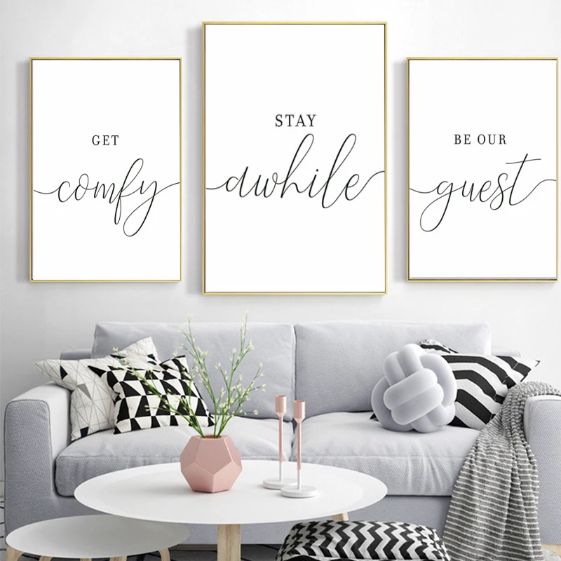 

Scandinavian Style Black and White Wall Art Canvas Painting Be Our Guest Stay Awhile Poster Pictures Living Room Decoration