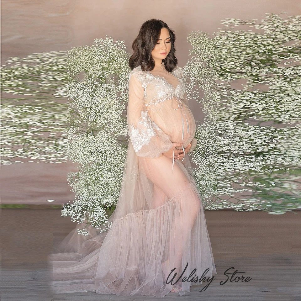 Sexy Lace Appliques Tulle Maternity Robes Bridal Sheer Appliques Lace Dressing Gowns For Photo Shoot Plus Size Gown Custom Made
