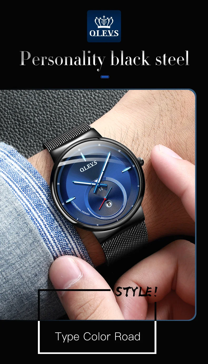 NEW OLEVS Watch Men Luxury Quartz Date Blue Dial Thin Top Brand Watches Sports Chronograph Mesh Belt Wrist Watch Man Clock