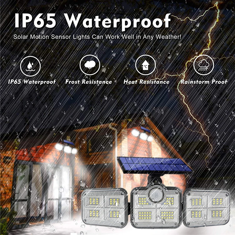 

108 122 138 171 LED Solar Lights Outdoor 3 Head Motion Sensor 270 Wide Angle Illumination Waterproof Remote Control Wall Lamp