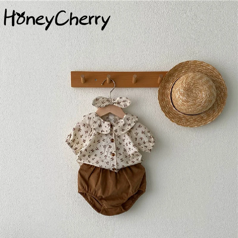 

Floral summer paragraph short-sleeved shirt + shorts + headband three-piece fashion clothes baby girl clothes