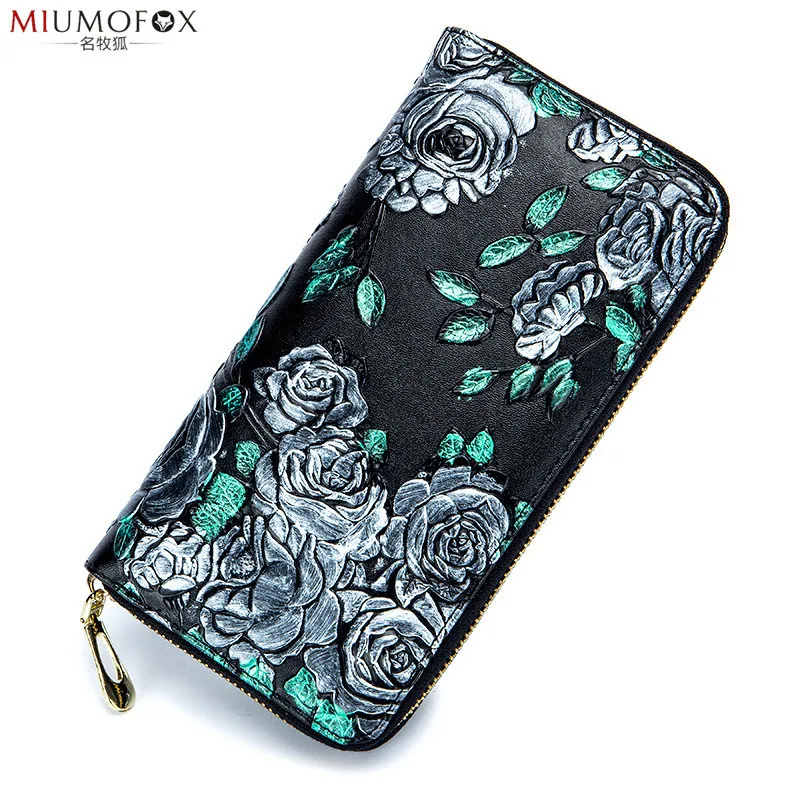 

New Embossing Genuine Leather Wallet for Women Flower Print Lady Long Wallets Clutch Female Purse Card Holder Women Wallet W35