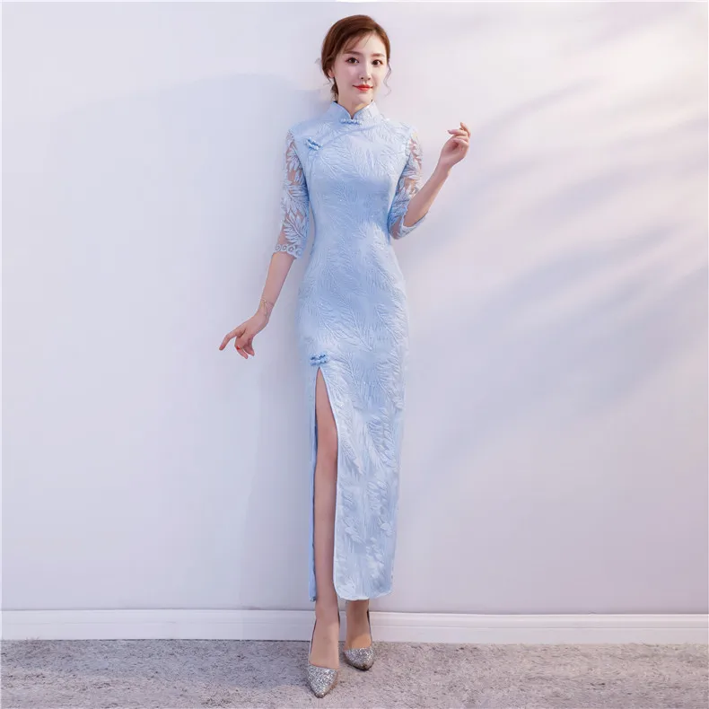 Светло синее сексуальное весеннее длинное винтажное китайское платье ченсам