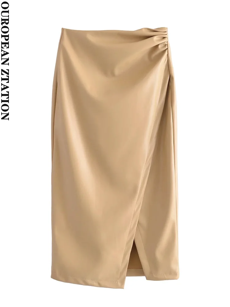 

Женская драпированная юбка-карандаш средней длины za из искусственной кожи с разрезом спереди, винтажные женские юбки с высокой талией и бок...