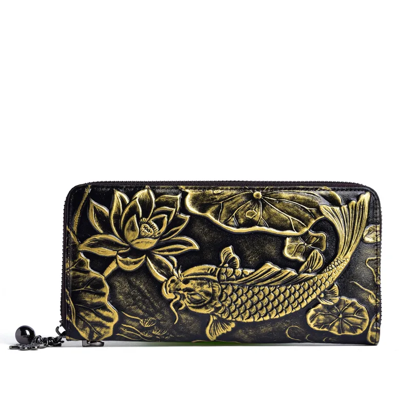 

2019 New First Floor Women's Wallet Retro Embossed Fish Long Zipper Wallet Handbag