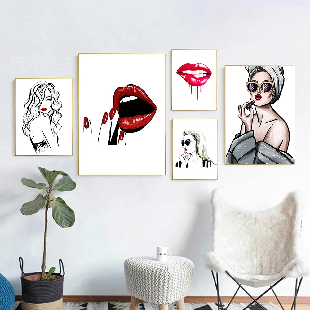 

Canvas Wall Art Sexy Beauty Woman Red Lips Wall Art Fashion Makeup Poster Prints Nordic Canvas Painting Wall Picture Home Decor