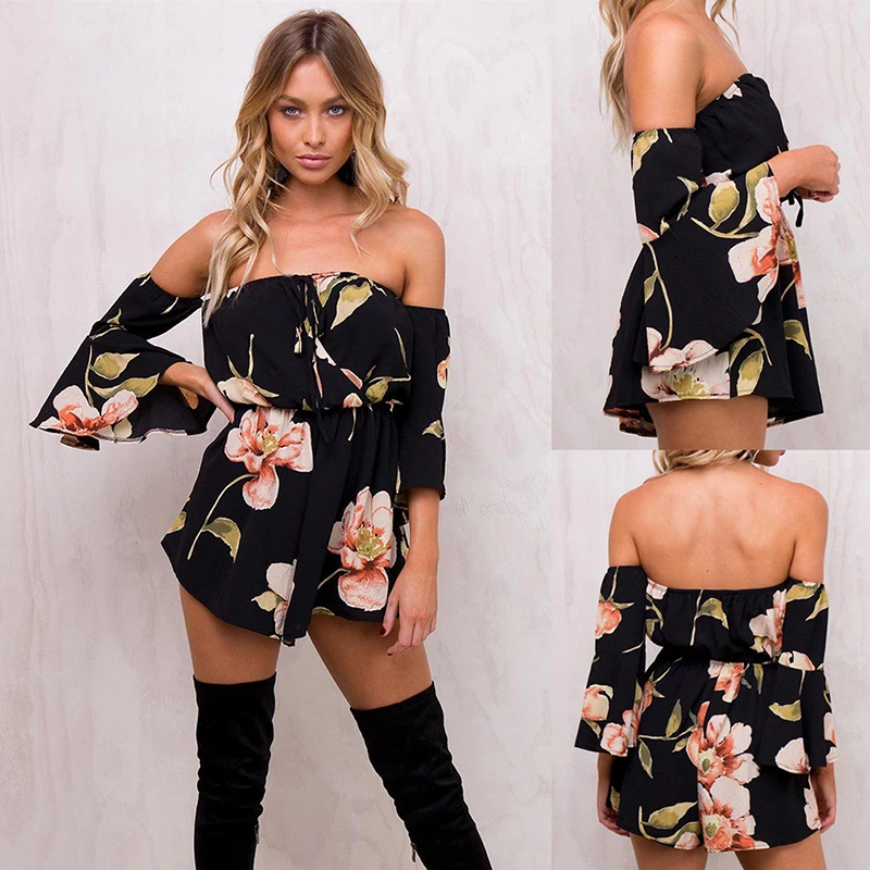 

Women Rompers Flower Print Jumpsuit Summer Short Off Shoulder Overalls Jumpsuit Female Chest Wrapped Strapless Playsuit