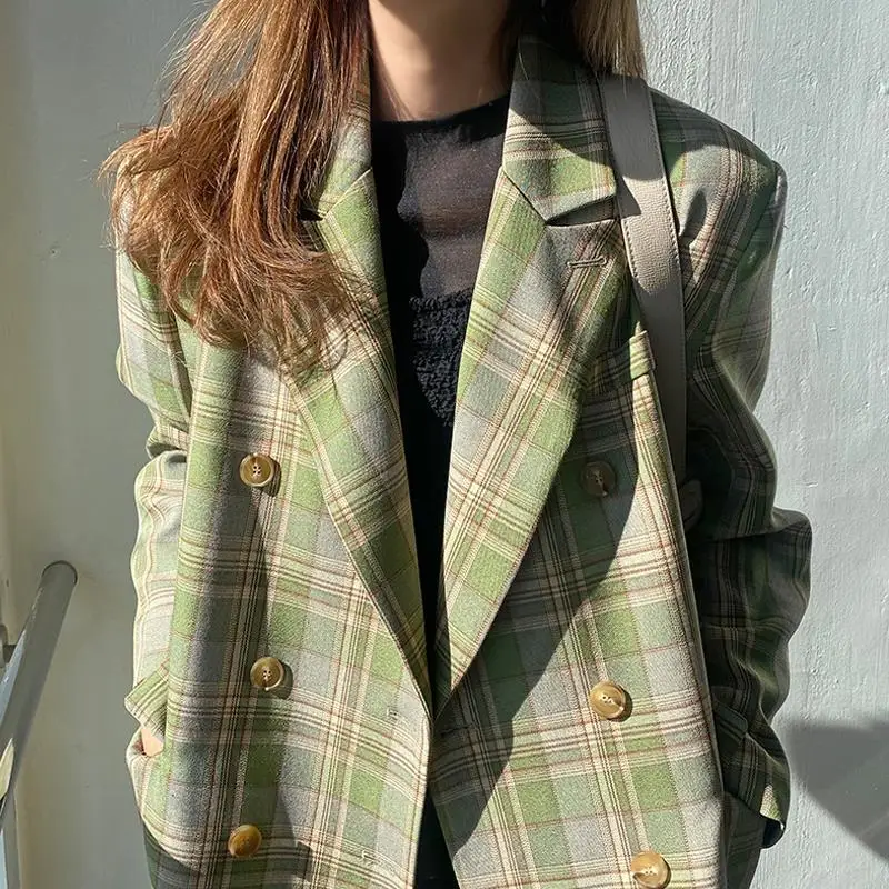 

JCHB 2021 Spring Summer Women Plaid Blazer Turn Down Collar Long Sleeve Office Work Style Blazer Feminino Loose Single Breast C