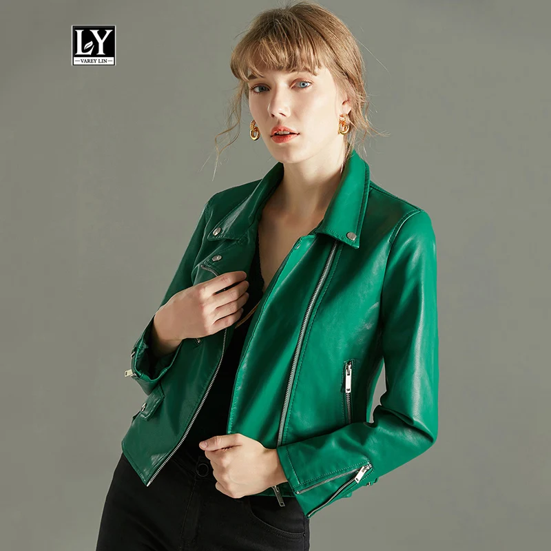 

Ly Varey Lin Red Faux Soft Leather Basic Jackets Women Autumn Turndown Collar Rivet Zipper Biker Coat Faux Pu Motorcycle Jacket