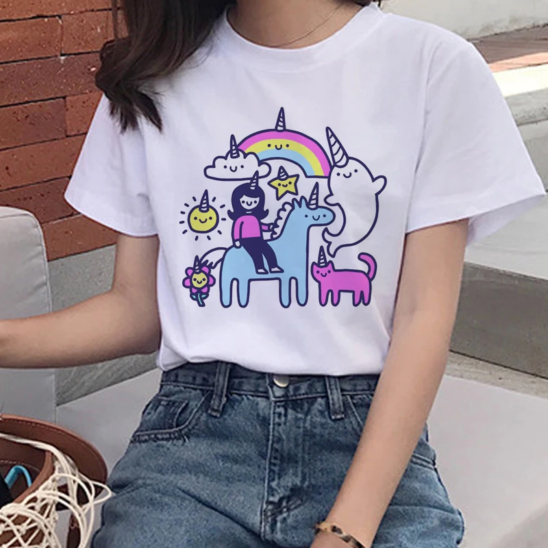 Для женщин 90s Kawaii Единорог забавная футболка Топы с графическим принтом в