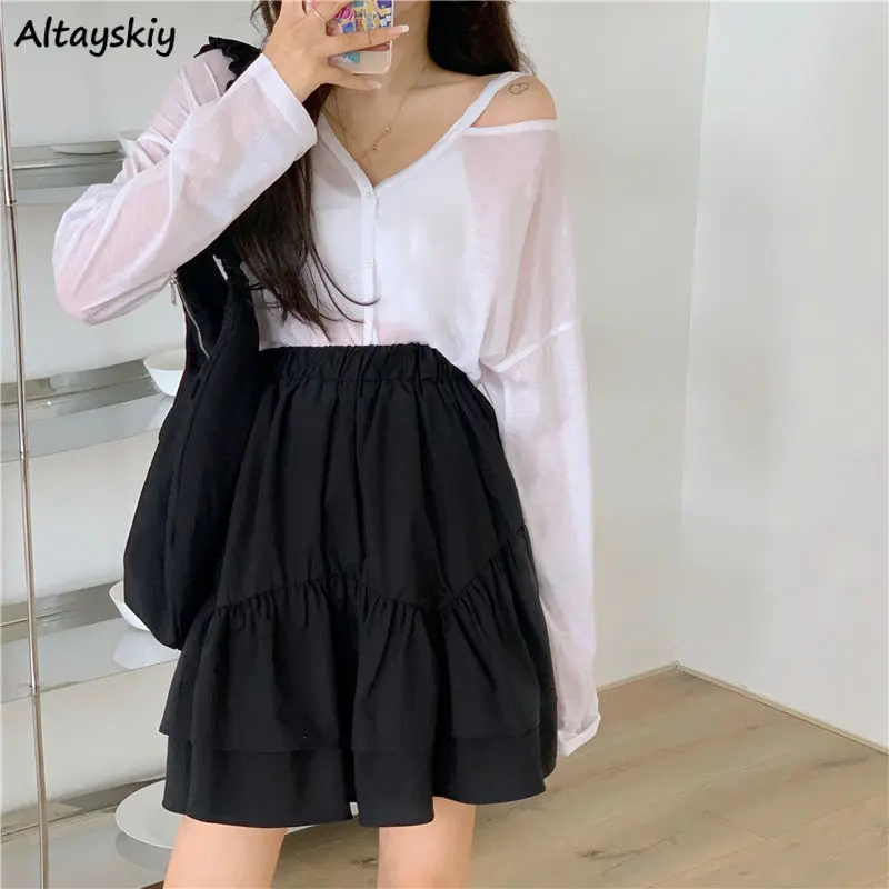 

Женские комплекты с v-образным вырезом с длинным рукавом кардиганы с открытыми плечами и рюшами, трапециевидный силуэт, юбки элегантного не...