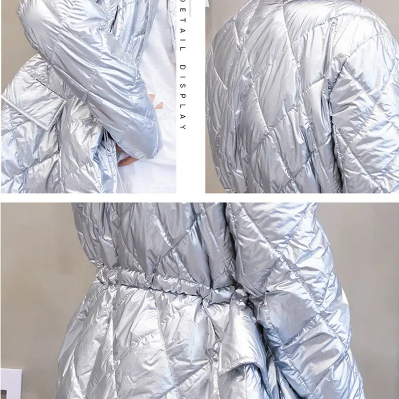 

2019 Autumn Winter Clothing New Medium Long Lightweight Down Jacket Cotton Coat Diamond Shape Silver Shiny Jacket Women 26