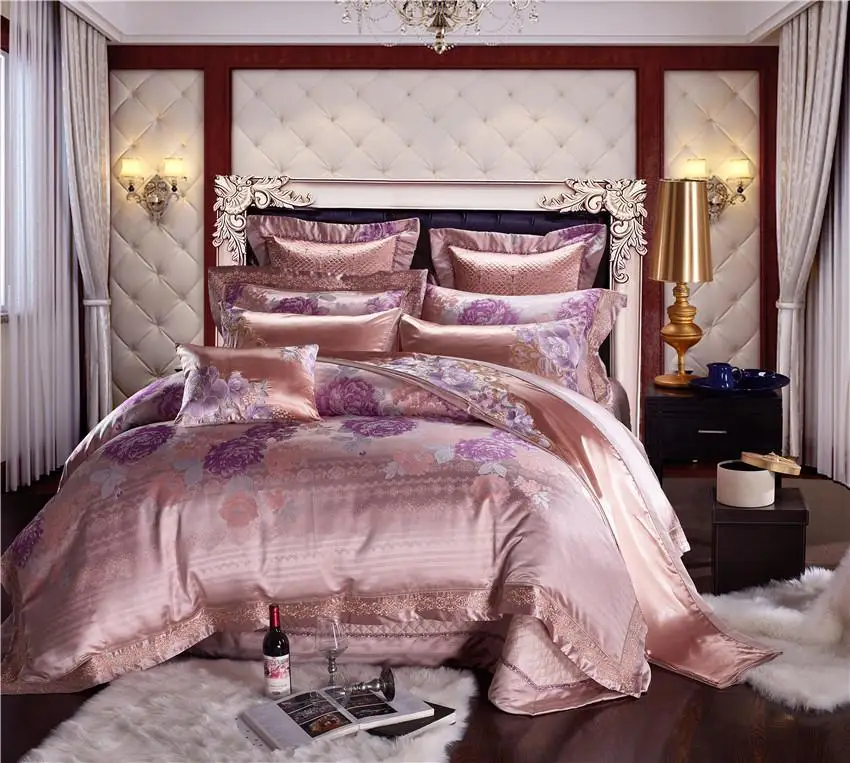 

Pink color Luxury Cotton Satin Jacquard Bedding Set Queen King size Wedding Bedding Set Bed Sheet/Spread Set Duvet Cover Pillow