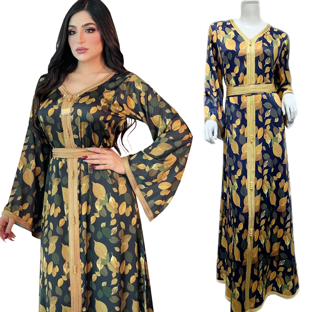 Длинное платье Дубай с цветочным принтом, мусульманское женское арабское платье Jalabiya Kaftan Eid Рамадан, Макси-Платье с V-образным вырезом для Бл...