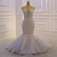 luxury beaded mermaid wedding dresses arabic dubai plus size lace appliqued sheer neck 2022 robe marriage vestidos de novia