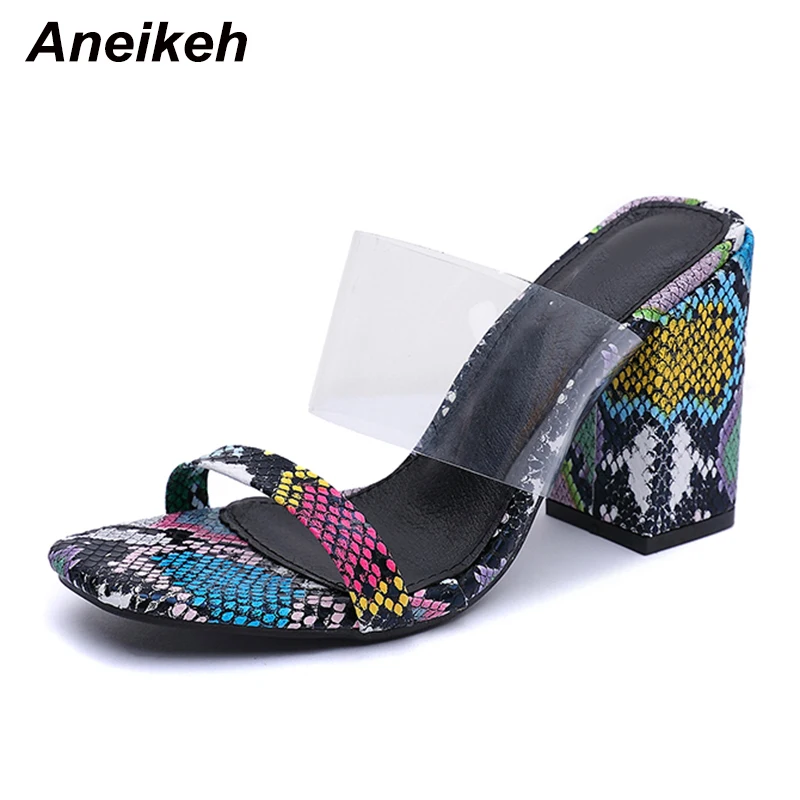 Green Aneikeh/ модный Леопардовый принт; ПВХ; шлепанцы без задника с открытыми пальцами с открытым носом; пикантные и с квадратным каблуком; сланцы; Для женщин шлёпанцы для женщин женские туфли-лодочки размеры 35–42 - Цвет: Green