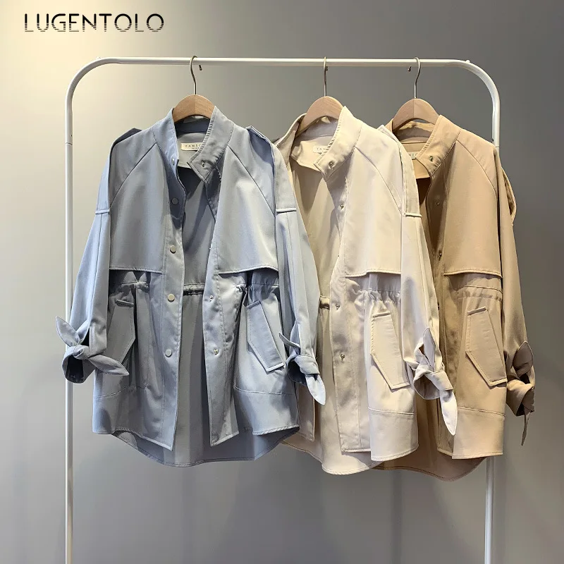 

Lugentolo Trench Coat for Women New Autumn Loose Single-breasted Standing Collar 4 Solid Colors Simple Temperament Loose Trench
